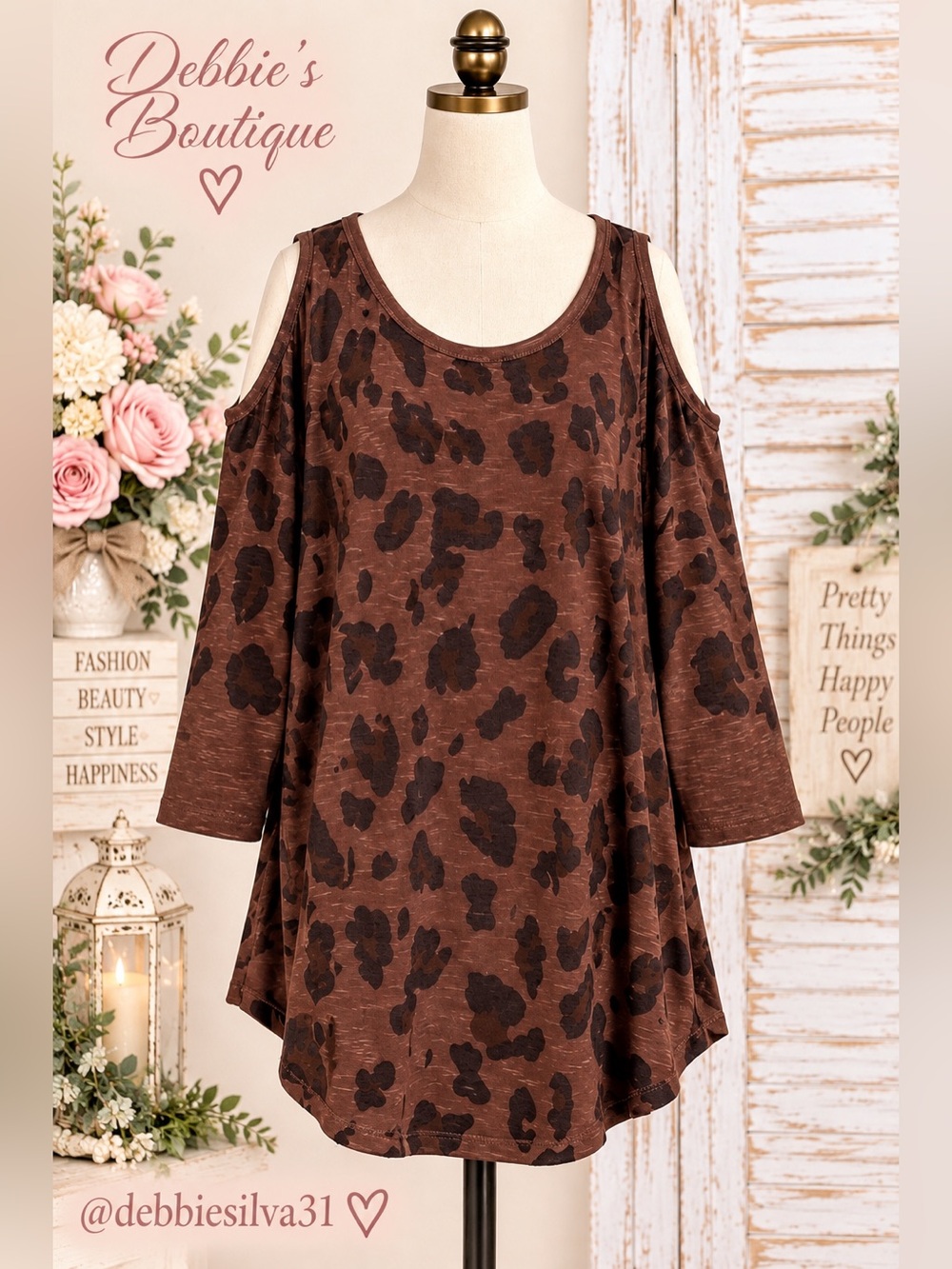 Phil Love Large Brown Black Animal Print Cold Shoulder Top 3/4 Sleeve